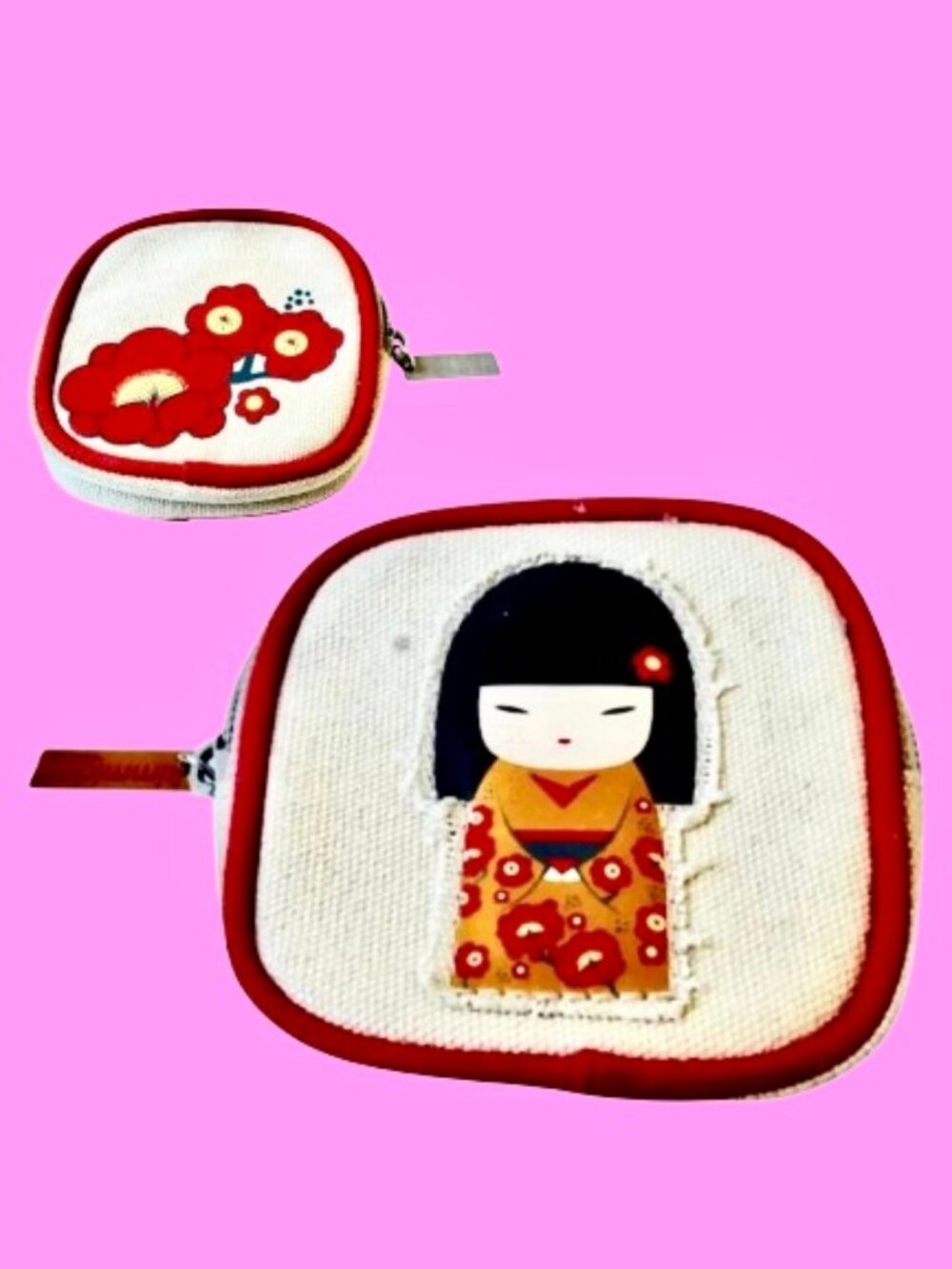 Kimmidoll Japanese Coin Purse Geisha Girl Flowers DOUBLE SIDED